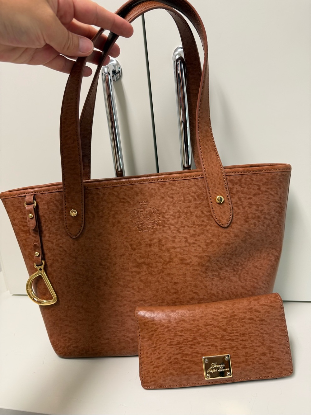 Ralph Lauren Cognac Leather Tote with Matching Wallet